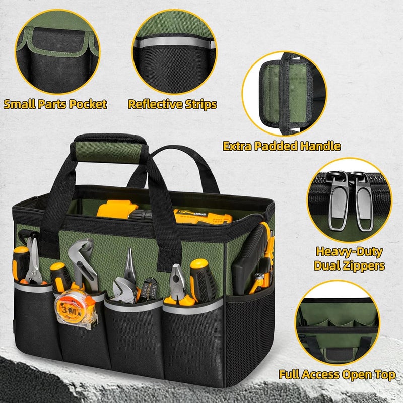NECKORY Tool Bag, Portable Tool Box Organizer Adjustable Shoulder Strap, Carry Tool Tote Heavy Duty Tool Storage Bag With Wide Mouth,Tool Bags for Men Mechanic EngineerGift - M, Army Green & Black - Image 3